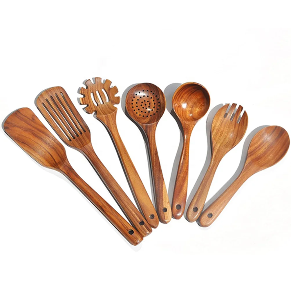 

Acacia Wooden Utensils 7 Piece Set for Cooking Slotted Spoon, Turner, Fork, High Heat for Non Stick Pots and Pans