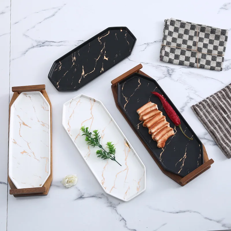 

MFashion Nordic tableware black and white square marbled matte ceramic sushi cake dessert steak dinner plate with wooden tray