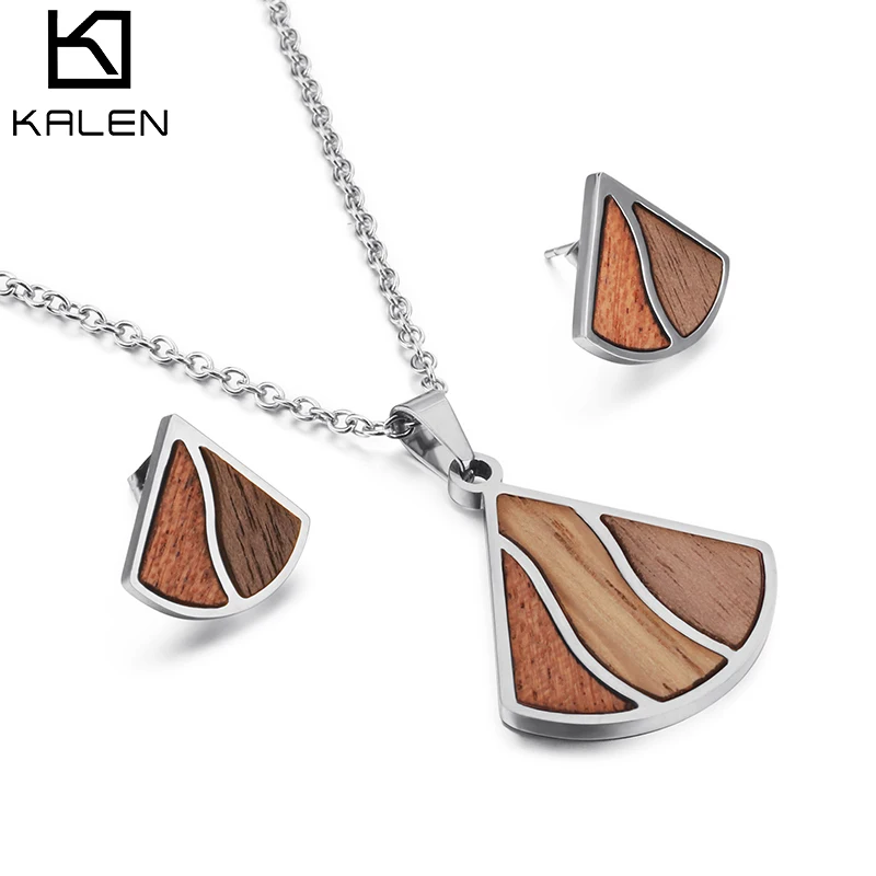 

New Design Heart Shaped Wood Pendant Necklace And Earrings Bridal Jewelry Set Women, Gold/rose gold/silver