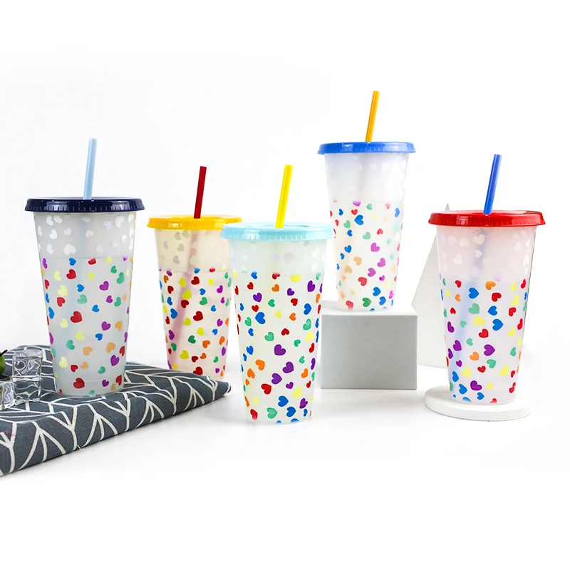 

24 oz confetti reusable plastic straw set color changing cups with lids