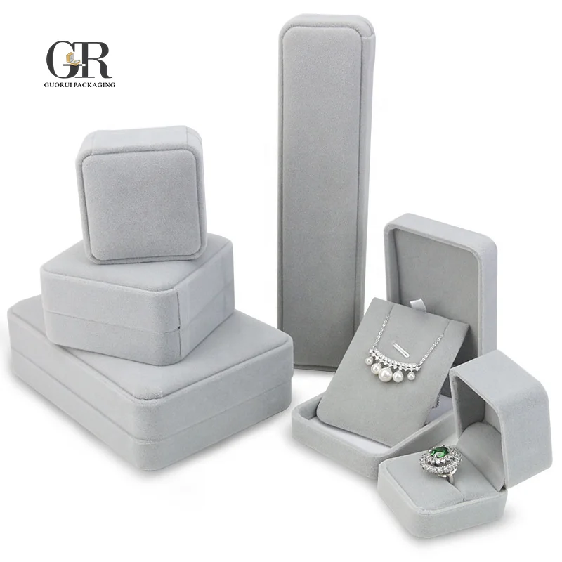 

Guorui Custom logo printed luxury Customize wholesale free velvet flocked ring box necklace pendant jewelry boxes, Grey, purple, black or customized