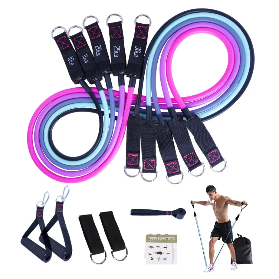 

High Quality 11Pcs Resistance Band Bands Set With Foam Handles For Abs Exercise Workout Fitness Kits, Blue gradient, pink gradient, 5 colors