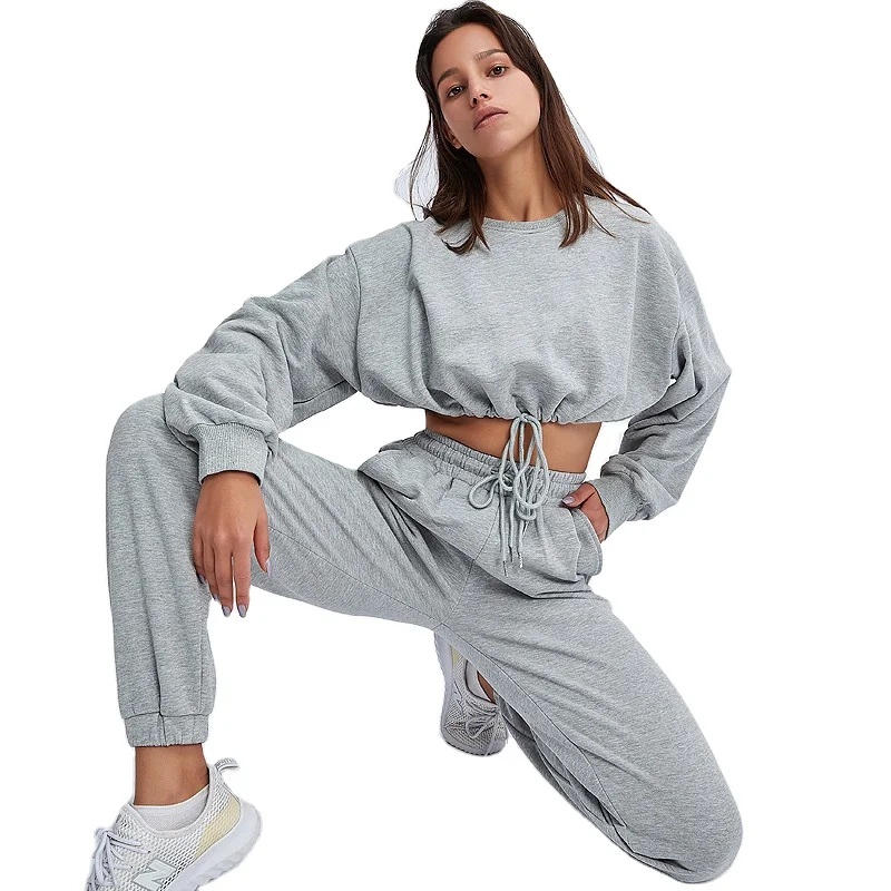 

women's oversized hoodie bare midriff two piece set sport wear, Picture color