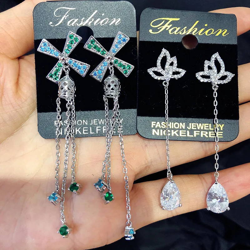 

PUSHI wholesale korean long tassel earring zircon 18k gold electroplating high quality geometric earrings mix