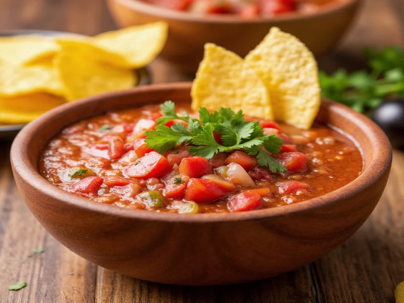 Homemade salsa dip served with tortilla chips in wooden bowl