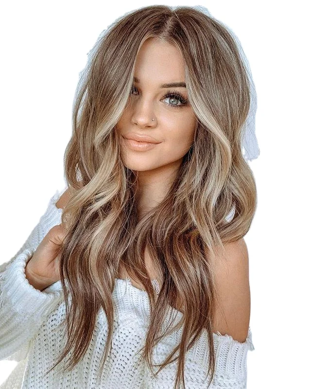 

Long Wavy Wig Ombre Blonde Synthetic Curly Hair Wigs Middle Part Heat Resistant Fibre for Daily, Natural color