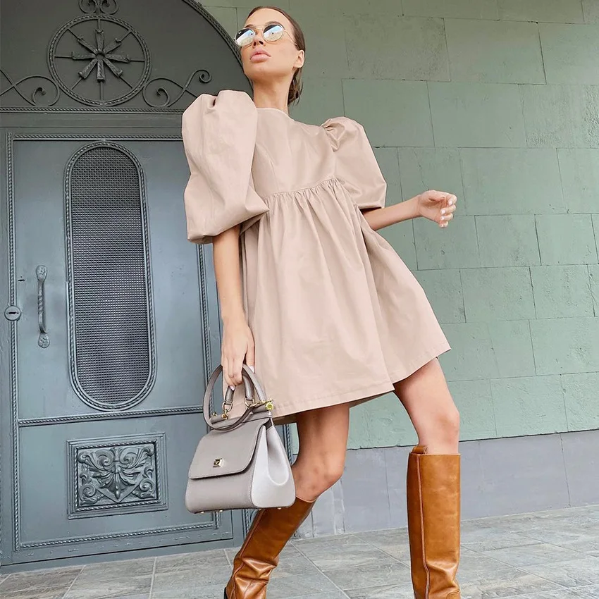 

2021 Summer Hot Selling Solid Color Puff Short Sleeve Women Mini Dresses, 5 colors