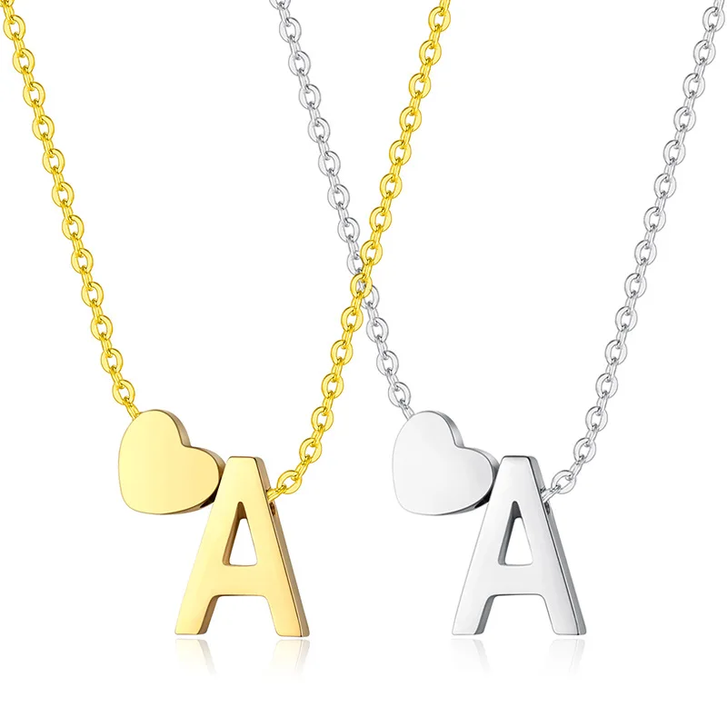

Wholesale Gold Silver Plated Stainless Steel Heart 26 Alphabet Letters Pendant Woman Girls Dainty Initial Necklace Jewelry, Silver & gold color