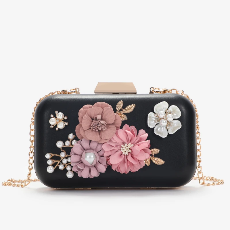 

Hot selling newest designer flower decoration elegant dinner party shiny ladies evening bags, Black,white,red,pink