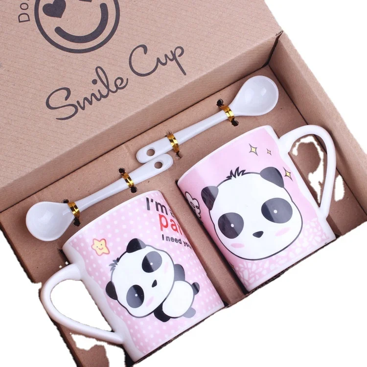 

creative cartoon panda ceramic coffee couples cup mug 2 in 1 set with porcelain spoon, Various