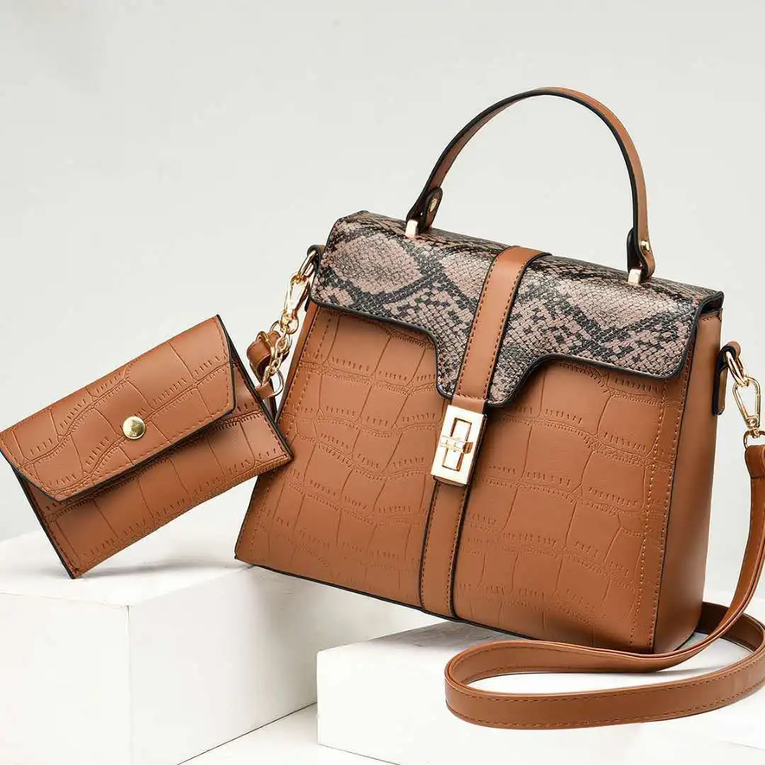 

Factory Wholesale Ladies 2 in 1 Set Snake Printing Handbag Famous Hand Bags For Women Luxury Purses