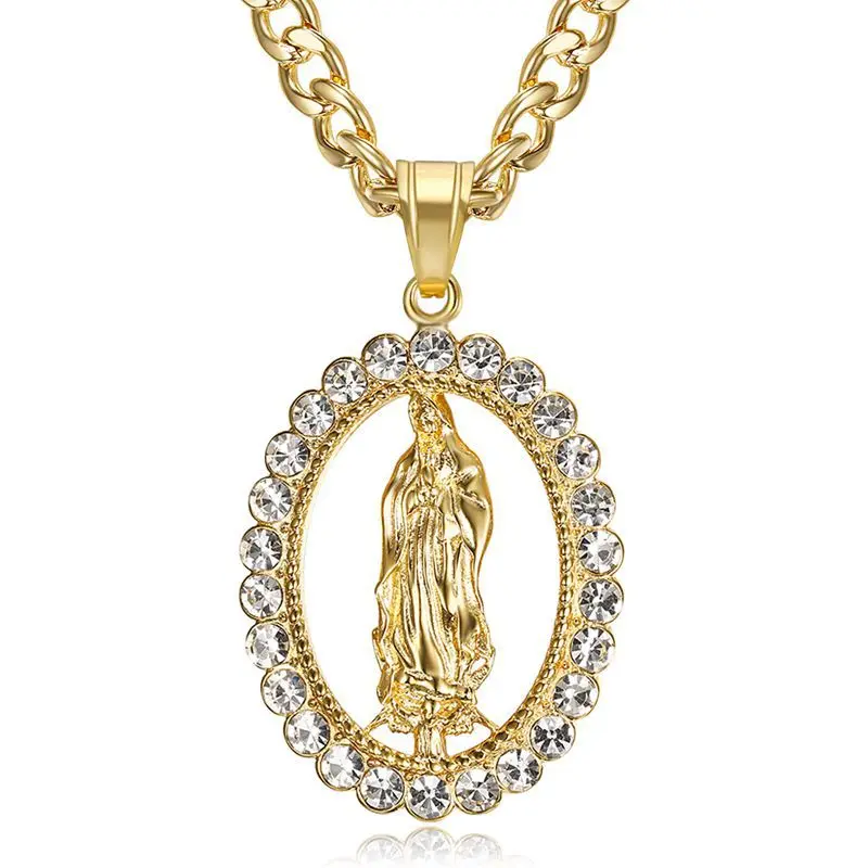 

Fashion Stainless Steel European Religious Jewelry christian necklace Rhinestone Pave Crystal virgen mary necklace for women men, As is or customized