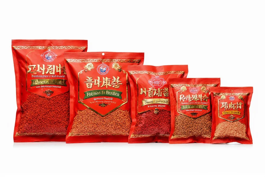 Selection of authentic Korean crushed red pepper (gochugaru) packages showing different brands and grind sizes
