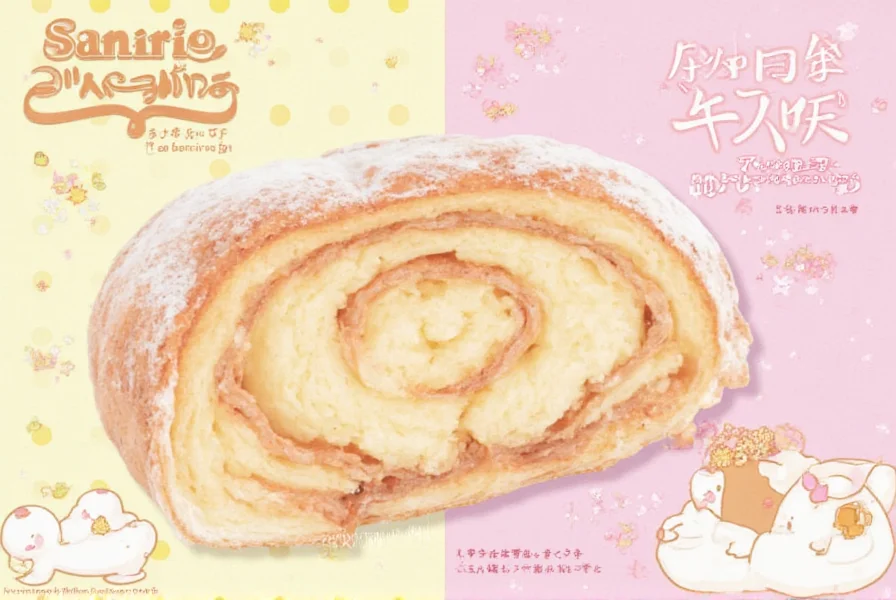 Cinnamoroll character illustration next to homemade cinnamon rolls decorated with Hello Kitty faces
