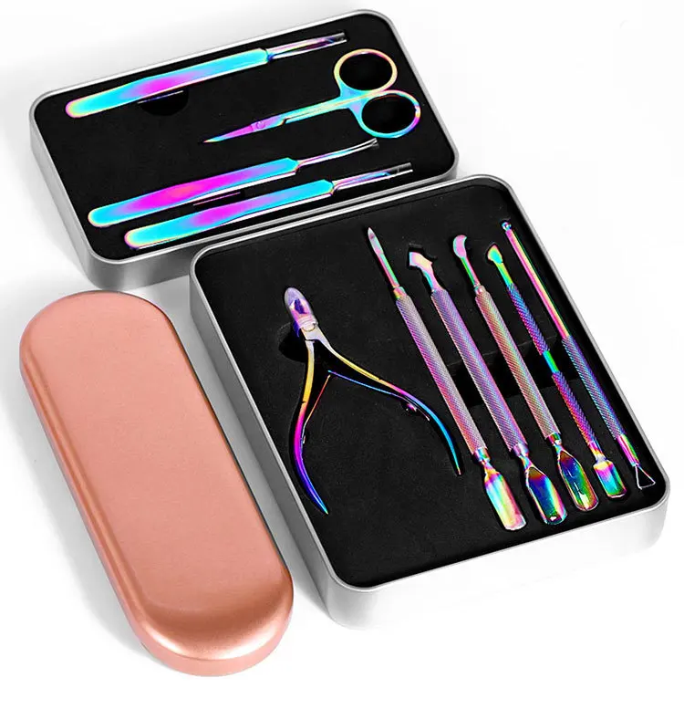 

Factory Supply Manicure stainless steel tweezers colorful titanium nail tool set, As picture show