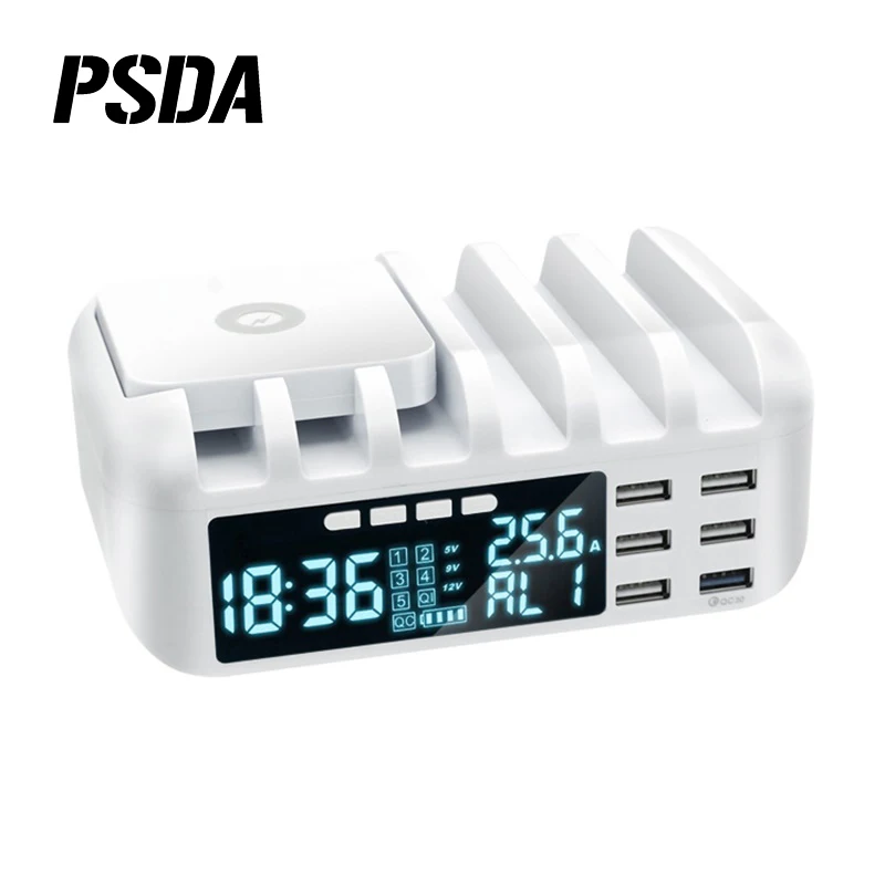 

PSDA 48W Multi USB Fast Charger QC3.0 Wireless Charger Lcd With Clock for IPhone 8 11 12 Pro Max Charging Station For Samsung X