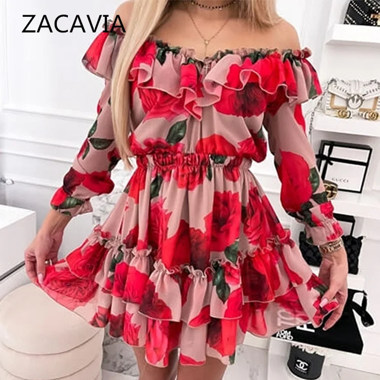 

ZACAVIA 2021 Autumn New Ladies Dress Sexy One-shoulder Print Dress Wood Ear Cake Dress, As pictures