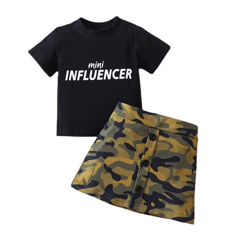 

New fashion summer 2Pcs girls short sleeve letter printed T-shirt +camouflage skirt Clothes Sets, Picture shows