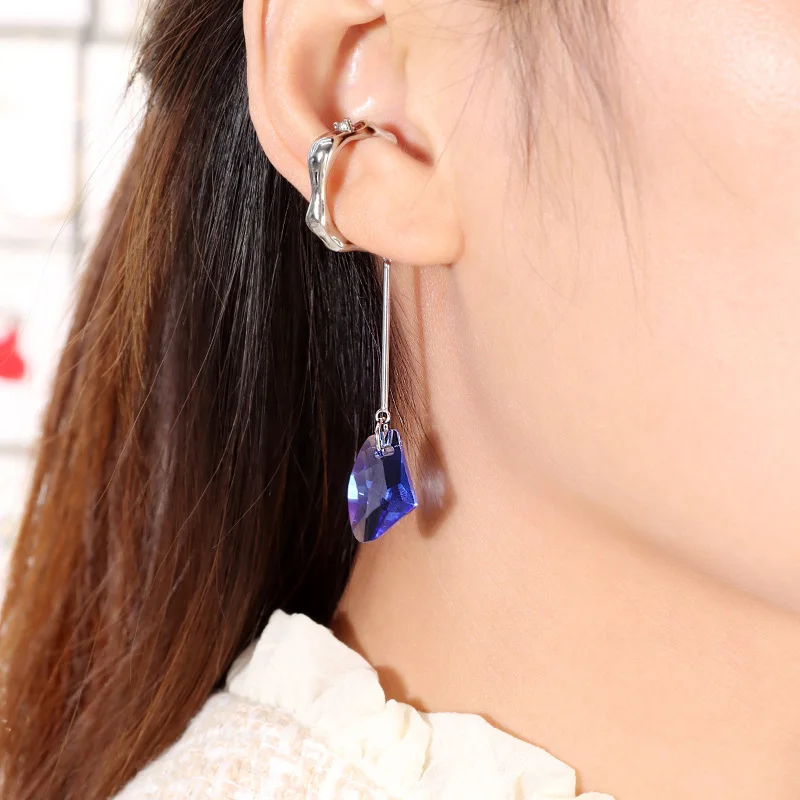 

90138 High Quality Cubic Zirconia Blue Black Precious Stone Dangling Drop Long Non Pierced Hoops Earings Cuff Earrings Jewelry