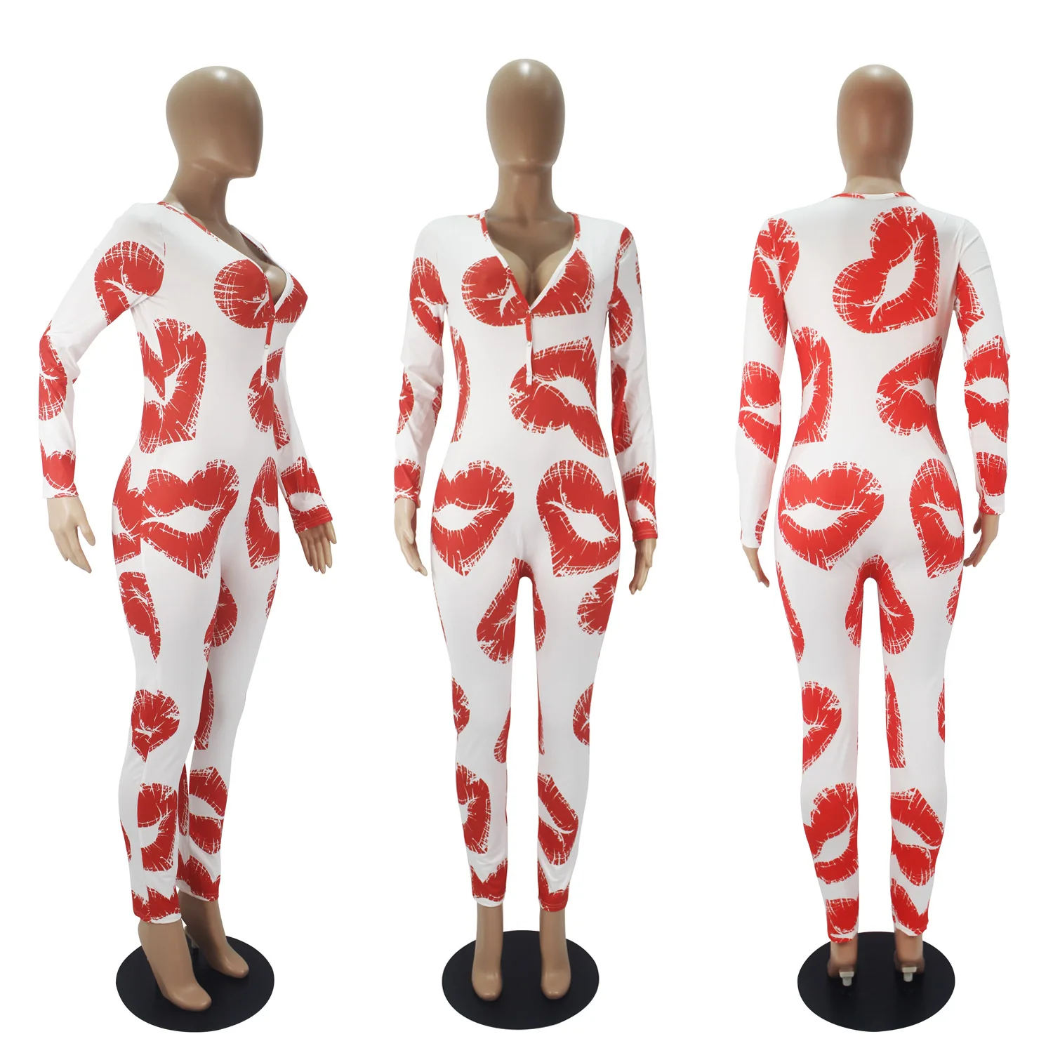 

Wholesale Lip Print Women Long Onesie Pajamas Autumn Spring Warm Tights Bodysuit One Piece Print Ladies Jumpsuits