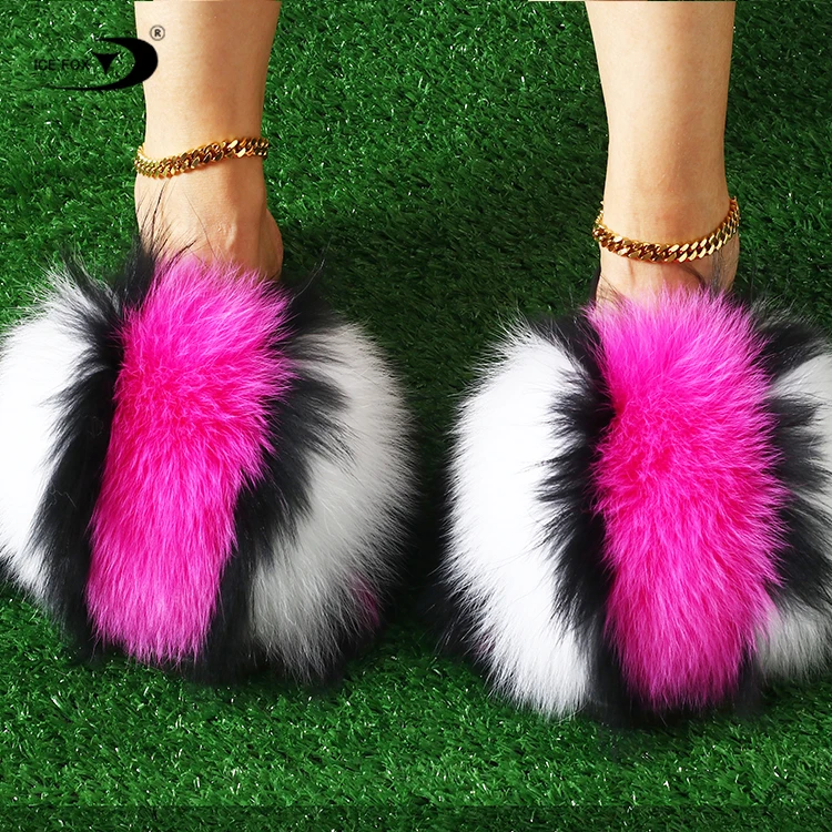 

Real Raccoon Fur Slippers Large Size Biggest Fur Fully Colorful Real Furry Summer Women Fur Slides, Customized color