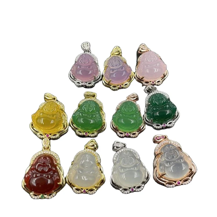 

Certified 925 Bright Gold Inlaid White Chalcedony Small Buddha Pendant Ice Green Agate Maitreya Buddha Laughing Buddha