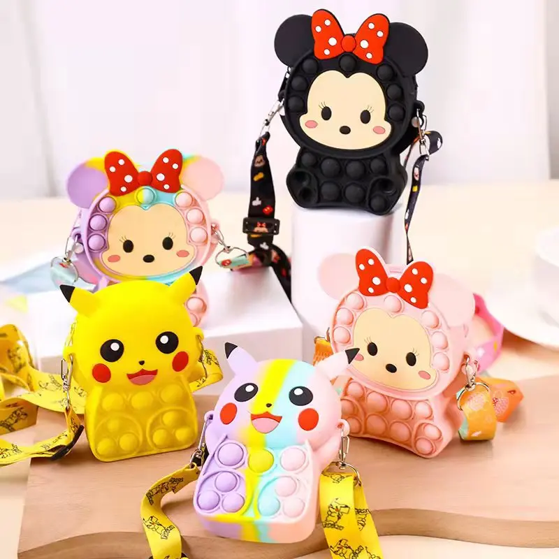 

children Kids fidget popit cross body shoulder bag handbags push silicone mickey mouse Pikachu pop it coin purse