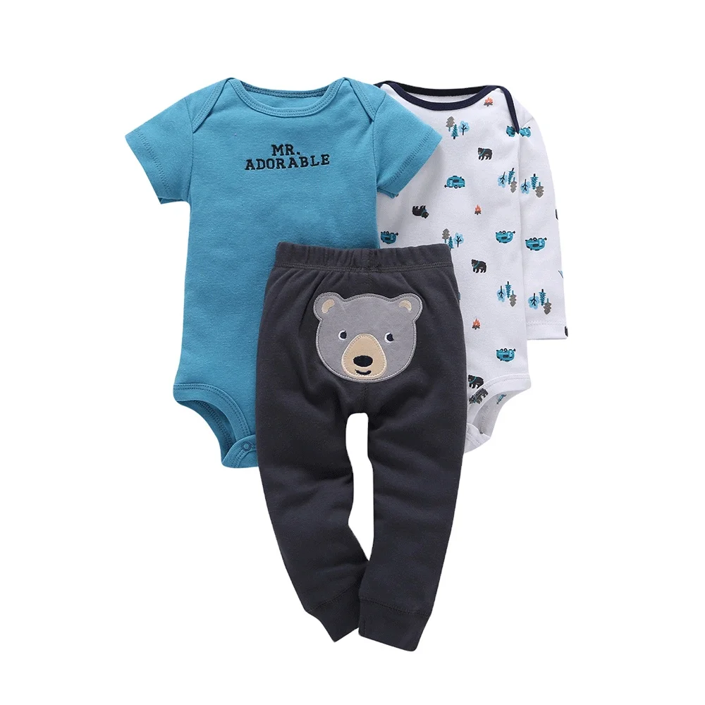 

Printed Cartoon Pattern Cute Design Snap Button Baby Boy Cotton Knitted Rompers 3pcs Set, Picture