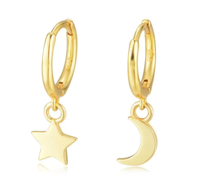 

Sterling Silver Minimalist Statement Jewelry Moon and Star Asymmetry Drop Dangle Charm Earrings For Women