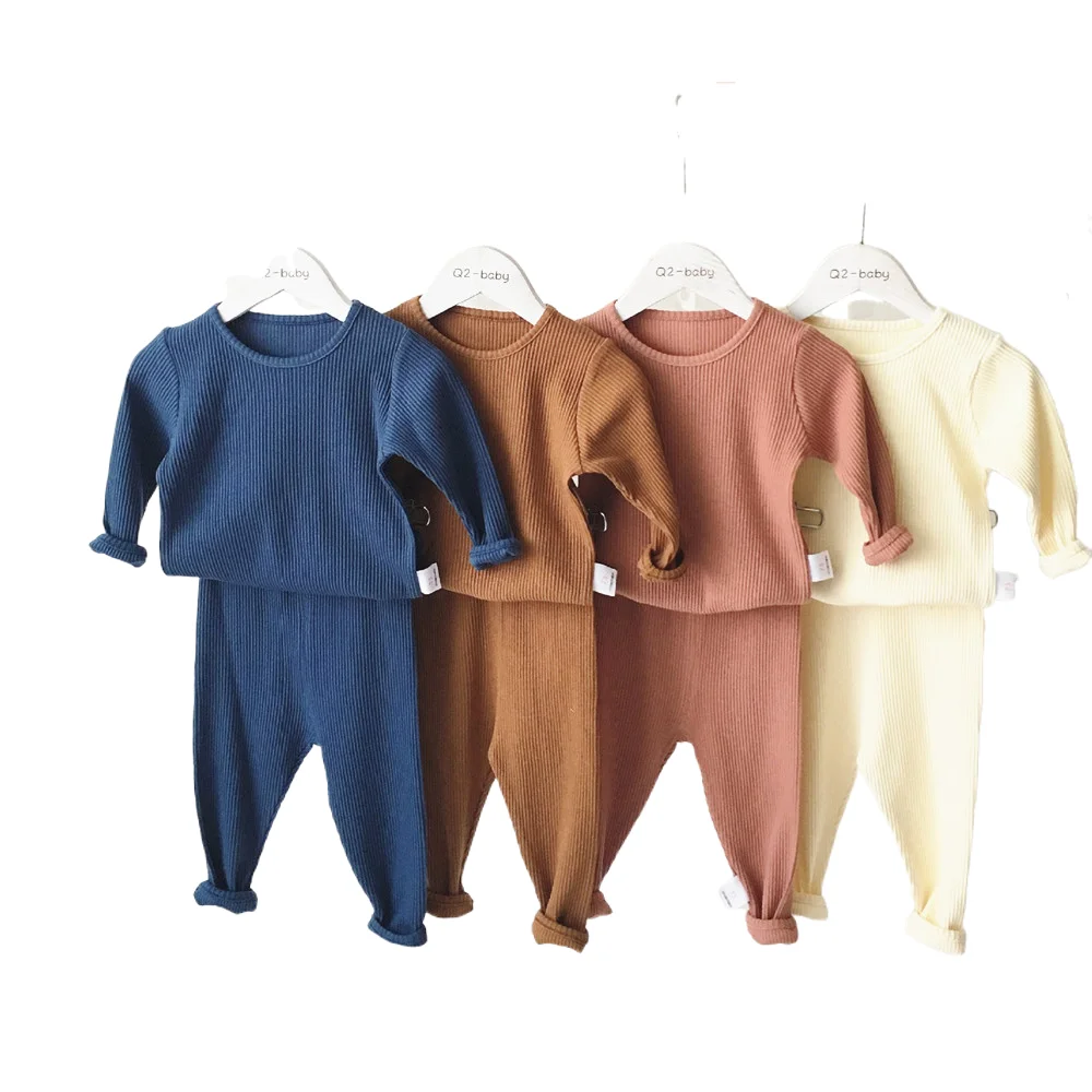 

Wholesale high quality ribbed soft baby clothes set pure color pajamas 2 poeces set