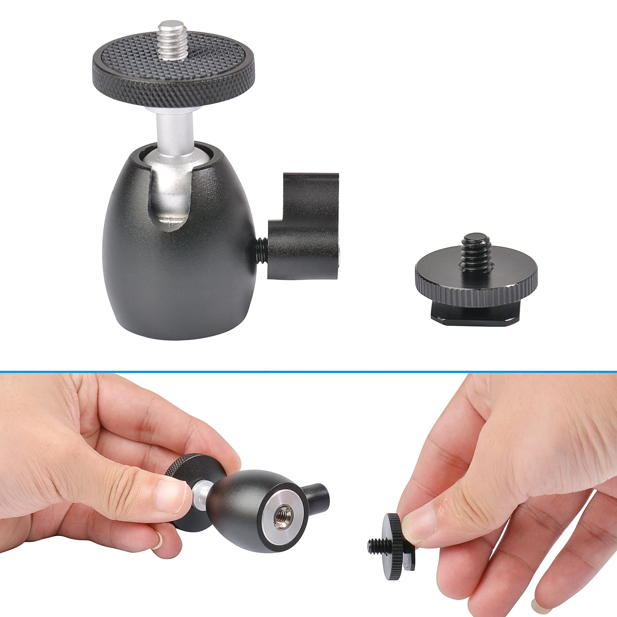 
Mini Ball Head 1/4 inch Screw with Lock and Hot Shoe Mount Adapter Compatible with LED Light,Ring Light,Load Up to 4.4 pounds/2 