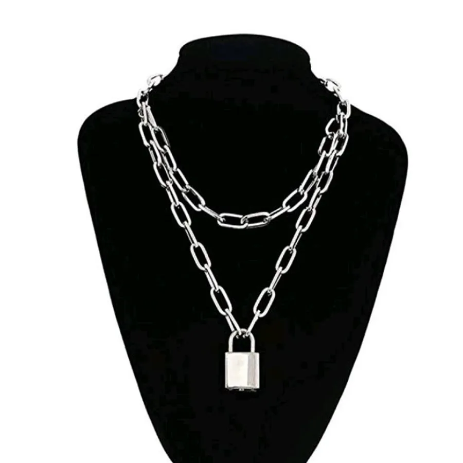 

New Zinc Alloy Jewelry Hip Hop Lock Necklace Fashion Double Layer Metal Paper Clip Chain Thick Clavicle Chain Wild Sweater Chain