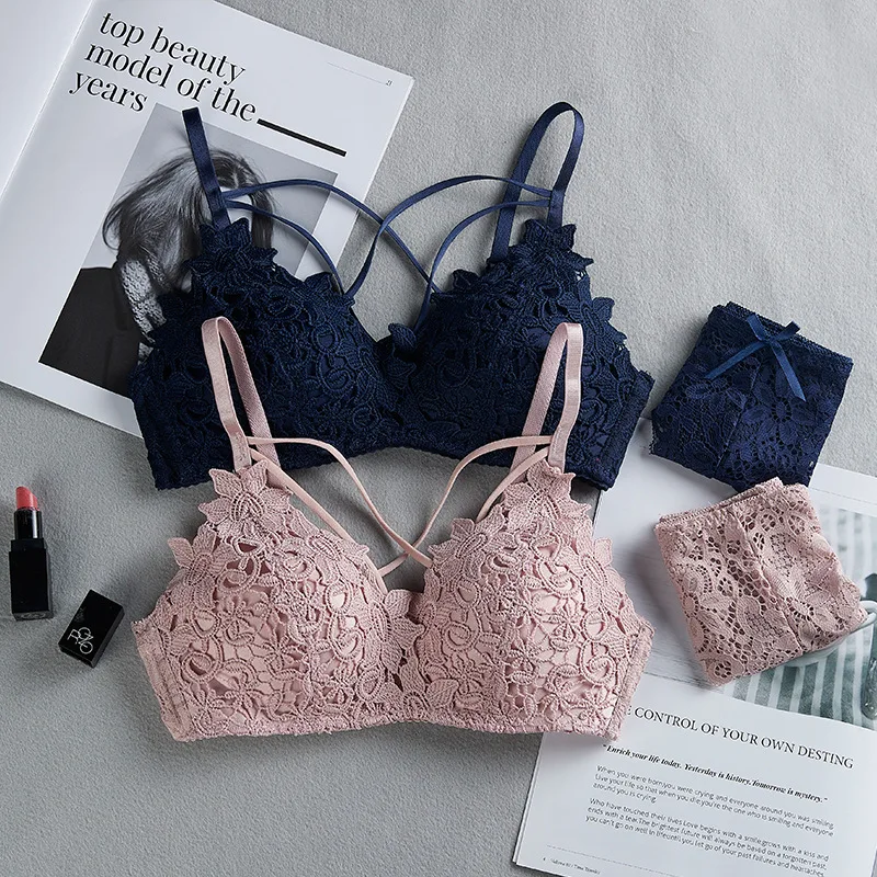 New fashion underwear women sexy thin lingerie set 3/4 Cup embroidered lace wireless sexy bra brief sets