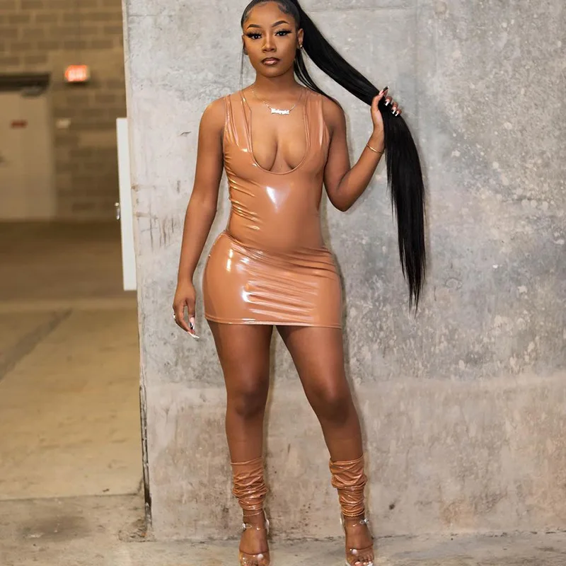 

Women 2021 New Design Sleeveless U neck sexy wholesale Pu leather dress, Customized color