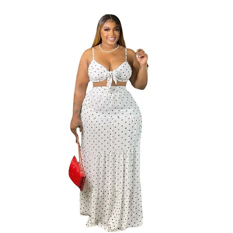 

KX-5299 New arrival XL-5XL summer outfits two piece dot print white dress set 2021 plus size women clothing