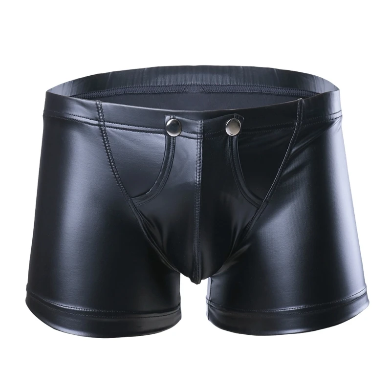 

Hot Sale Sexy Faux Leather Boxer Briefs Mens Bulge Pouch Underwear Underpants Swim Shorts With Press Button