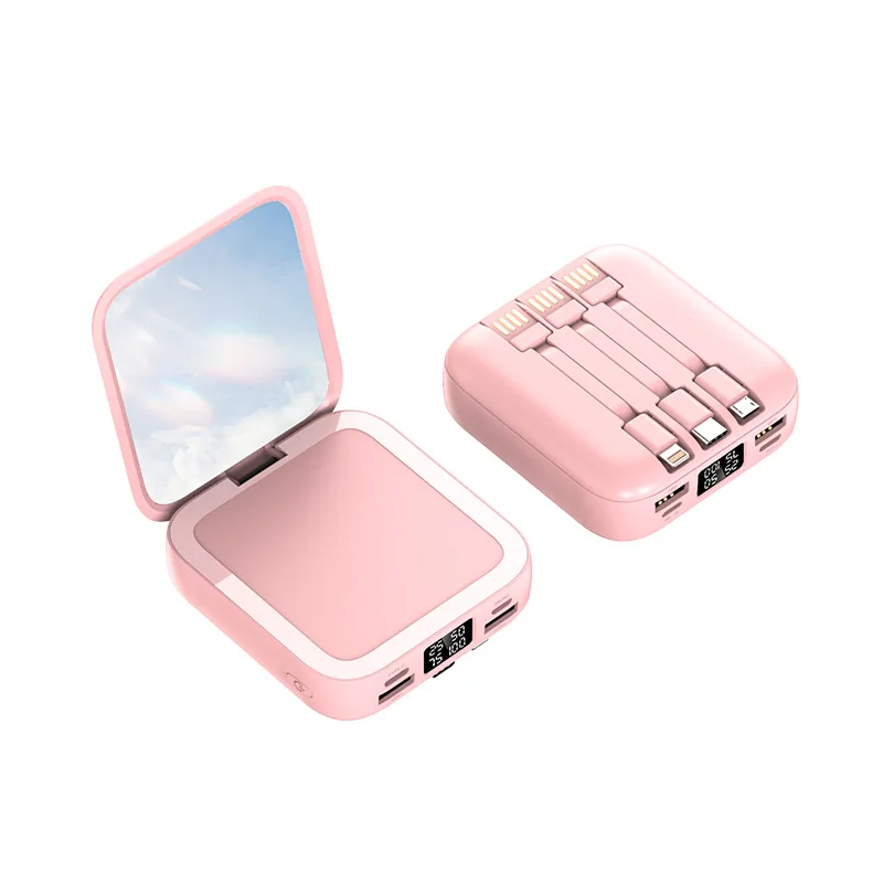 

2022 New Design Cosmetic Mirror Power Bank 10000mAh for Girl with Built-In Cable