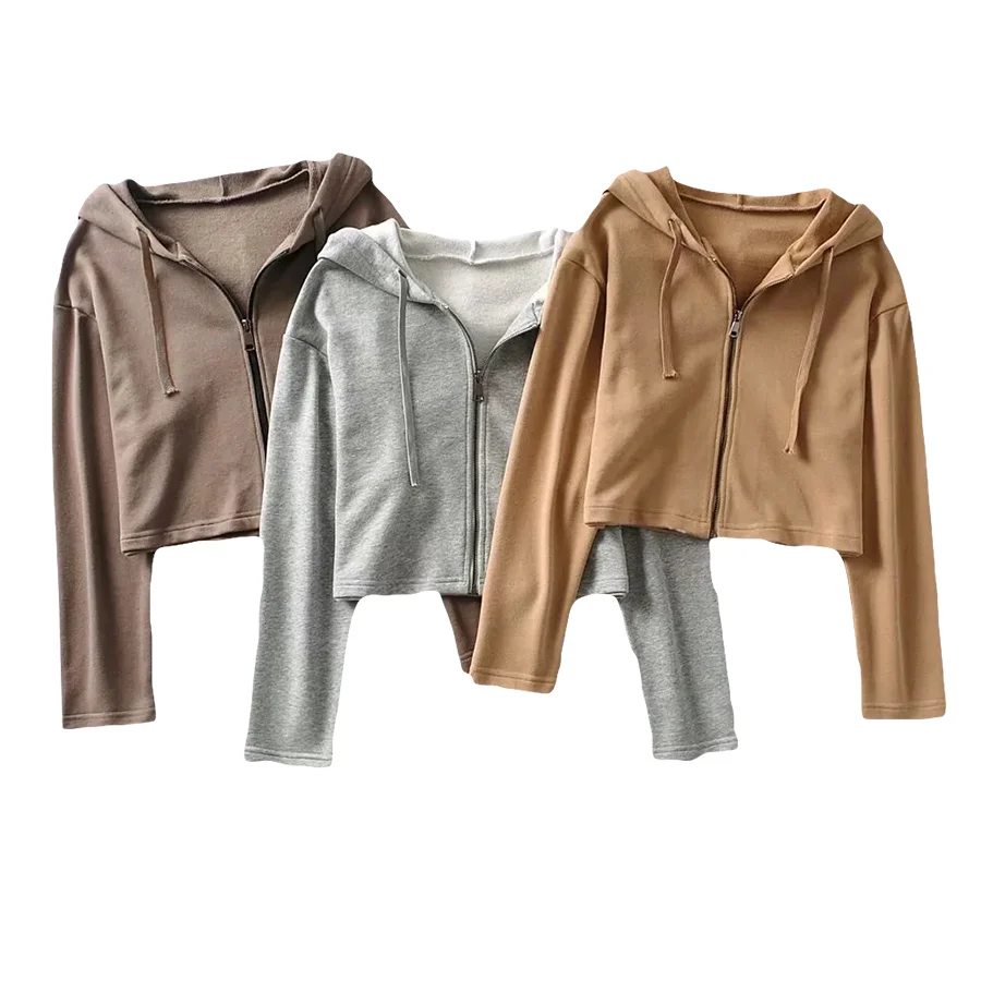 

Custom Women Short Loose Zipper Hooded Knitted Sports Sweater Girl's Long-sleeved Fitness Top Casual Jacket, Select