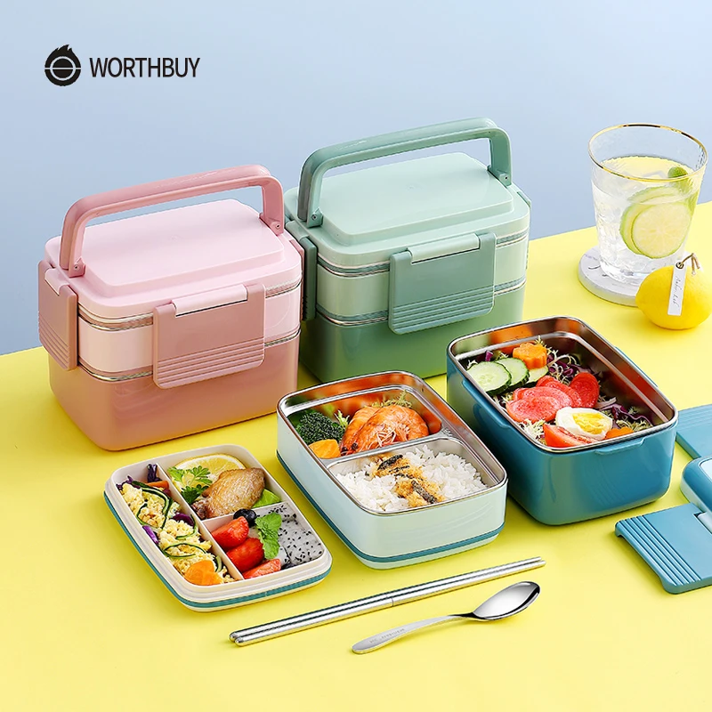 

Japanese 18/8 Stainless Steel Lunch Box For Kids Portable Leak-Proof Bento Box With Tableware Food Storage Container, Pink,blue,green