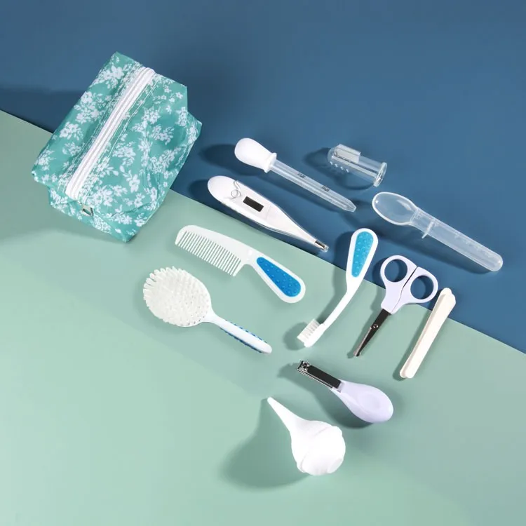 

Toddler silicone care kits combs toothbrushes nail ear pumps scissors medicine spoons thermometers baby care sets, White blue