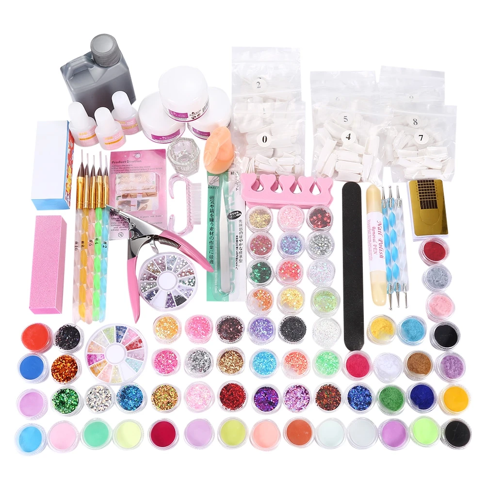 

120ml DIY Nail Decorations Manicure Set Buffer Glue Acrylic Glitter Powder Liquid File Tips Pen Tool Kit, Clear pink white