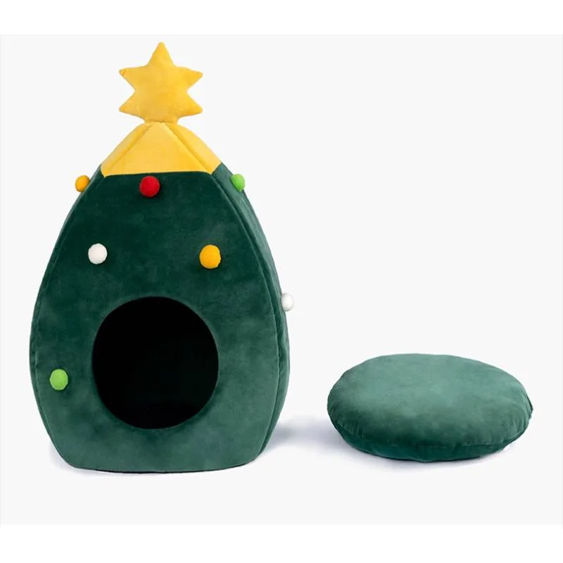 

New Christmas Tree Cat House Kennel Washable Winter Warm Luxury Pet Small Dog Bed Cat Cave, Colorful