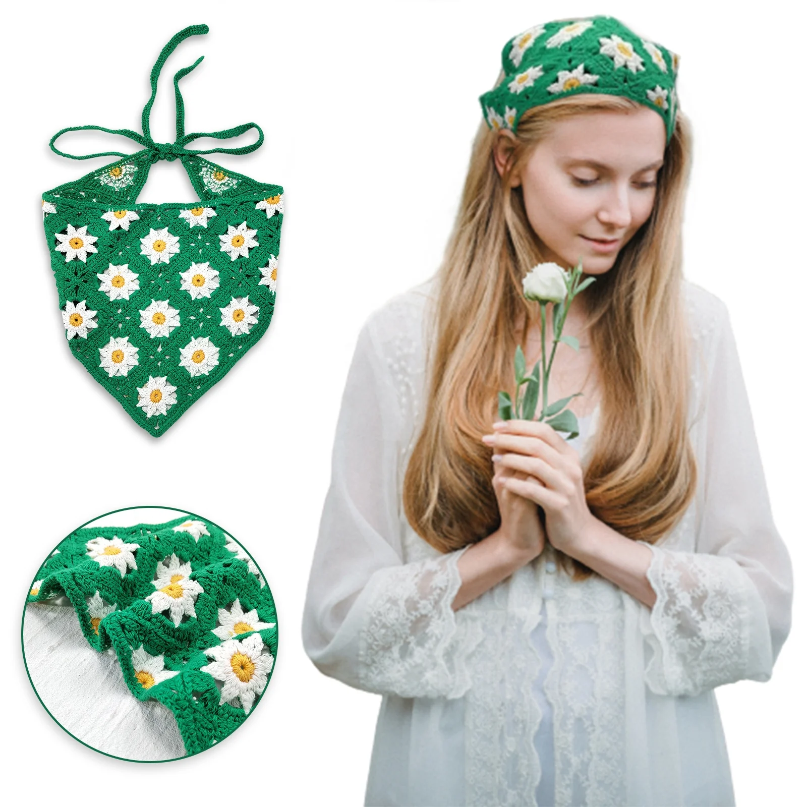

Spring Sunflower Crochet Triangular Bandana Headband Knit Handmade Hair Kerchief Women Head Scarf
