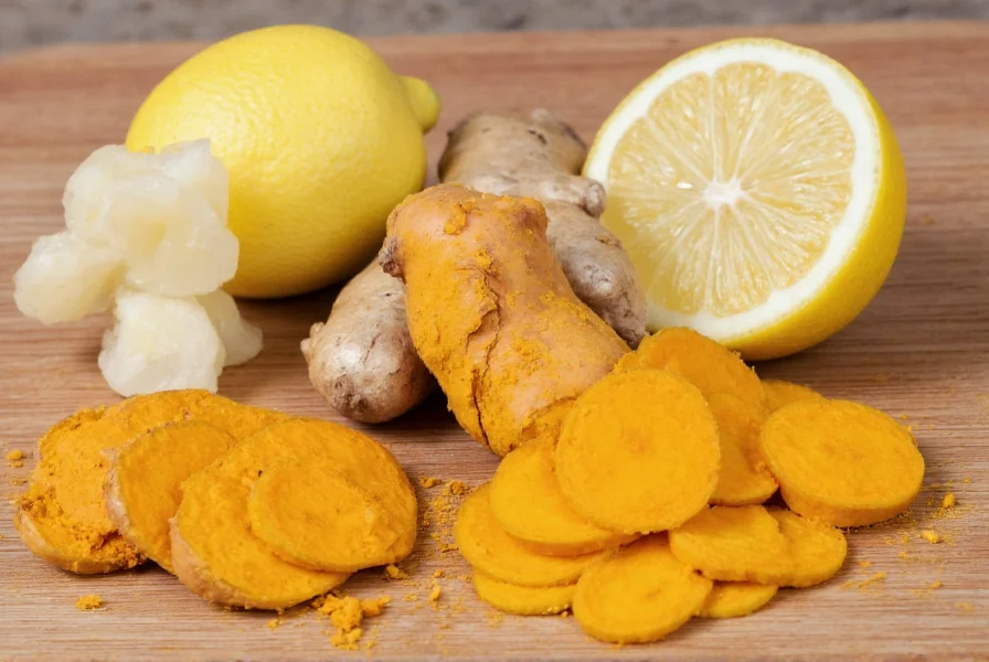 Golden turmeric root, fresh ginger, and lemon slices arranged on wooden cutting board for turmeric lemon ginger tea preparation