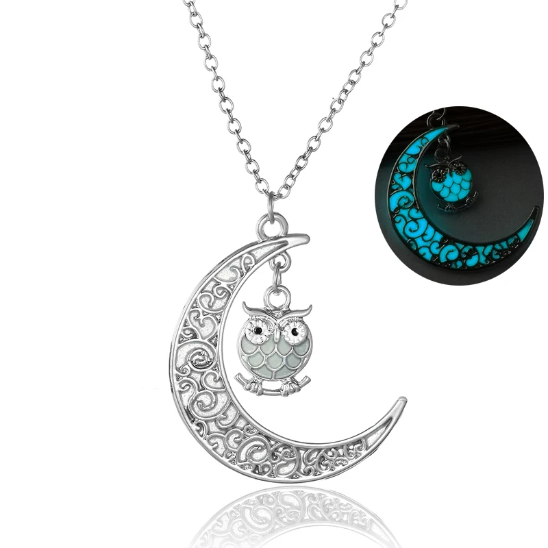 

Glow In Dark Moon And Owl Pendant Necklace For Women Men Jewelry