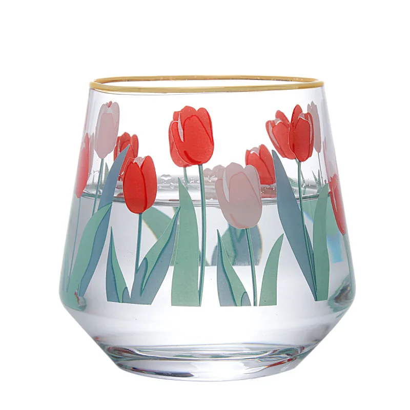 

Girl heart hand-painted tulip flower glass milk cup coffee cup fruit juice cup