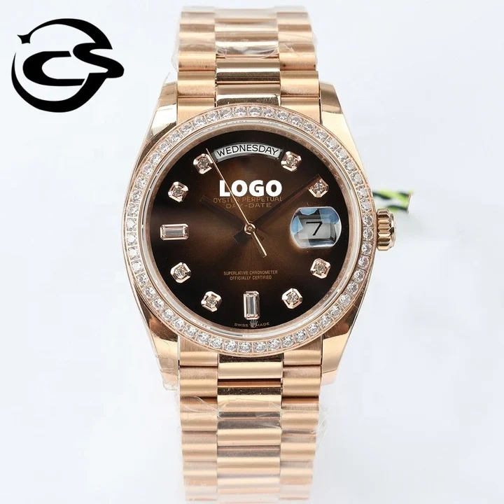 

Diver brand machinery Woman watch 36mm 904l steel ETA 3255 Movement 128348 Diamond Icing rose gold Rollexables Day date Watch