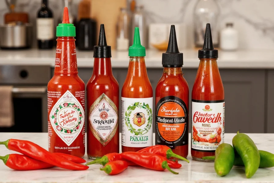 Various chili sauce substitutes arranged on kitchen counter including sriracha, sambal oelek, hot sauce, and fresh chilies
