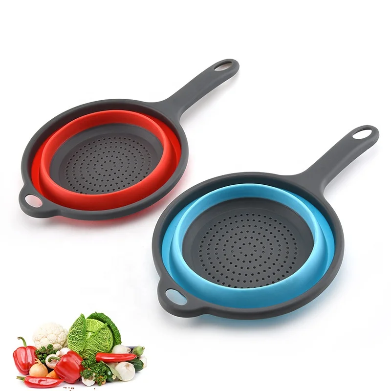 

Silicone Plastic Kitchen Colorful Colander Collapsible Fruit Vegetable Drain Water Food Strainer Basket With Long Handle