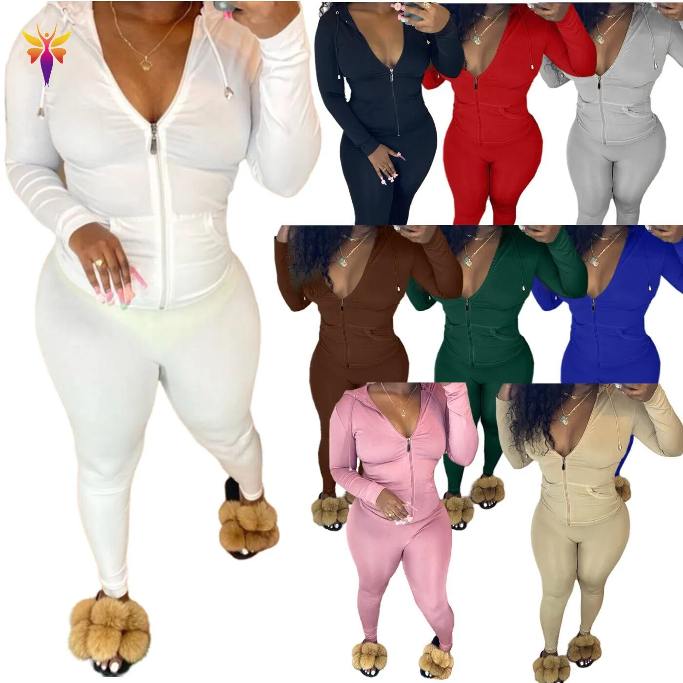 

2021 Drawstring clothes zipper hoodie women sweatsuit set tracksuit scrunch butt joggers two piece women winter fall set